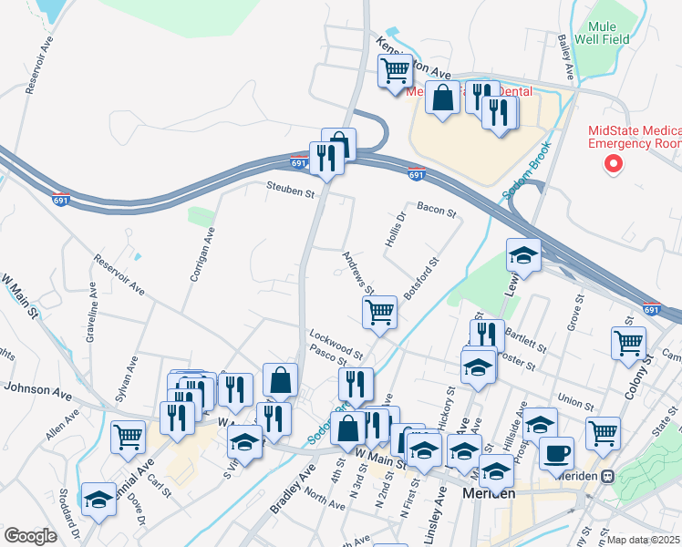 map of restaurants, bars, coffee shops, grocery stores, and more near 12 Lourdes Court in Meriden
