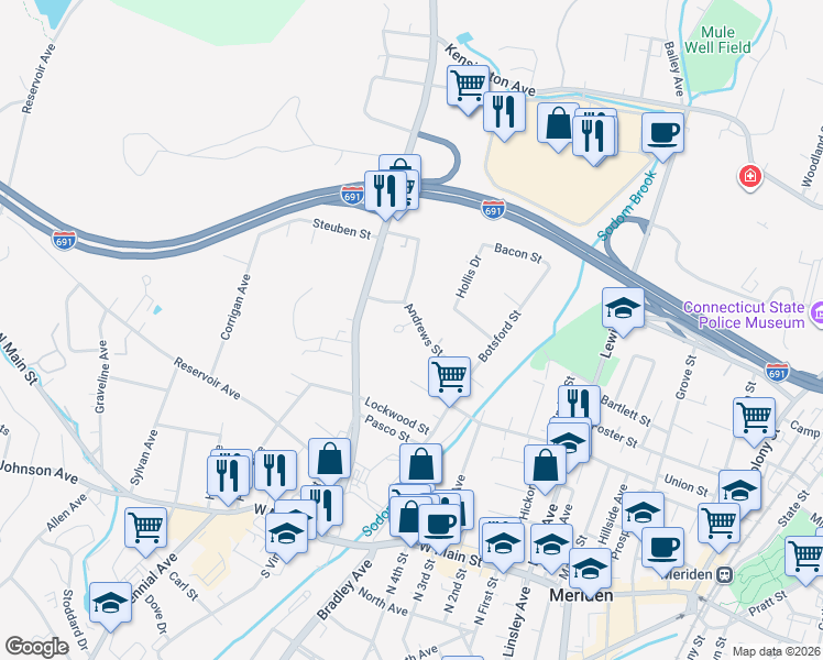 map of restaurants, bars, coffee shops, grocery stores, and more near 26 Lourdes Court in Meriden