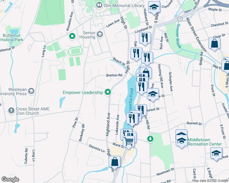 map of restaurants, bars, coffee shops, grocery stores, and more near 124 Highland Avenue in Middletown