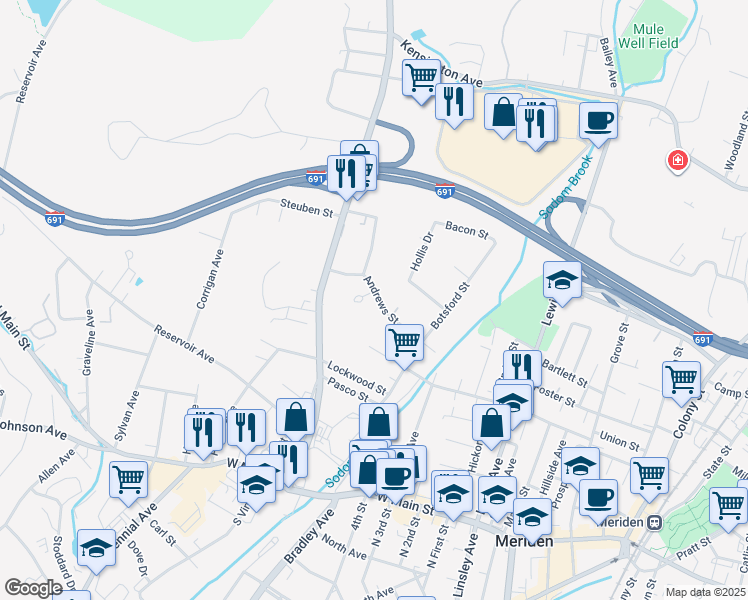 map of restaurants, bars, coffee shops, grocery stores, and more near 136 Andrews Street in Meriden