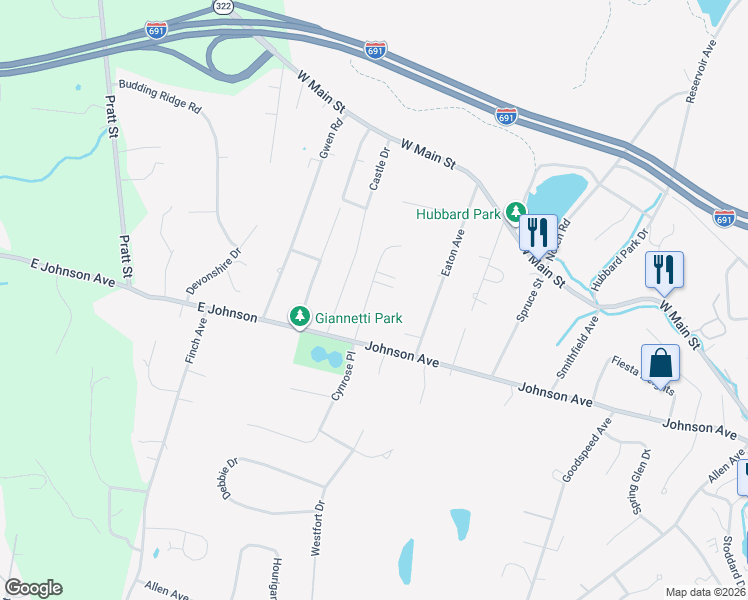 map of restaurants, bars, coffee shops, grocery stores, and more near 51 Sperry Lane in Meriden