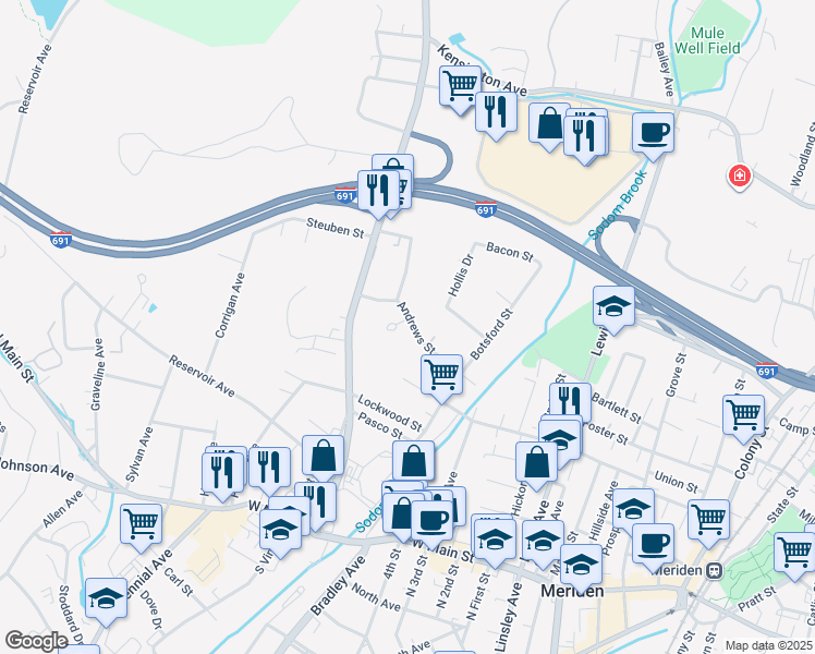 map of restaurants, bars, coffee shops, grocery stores, and more near 18 Lourdes Court in Meriden