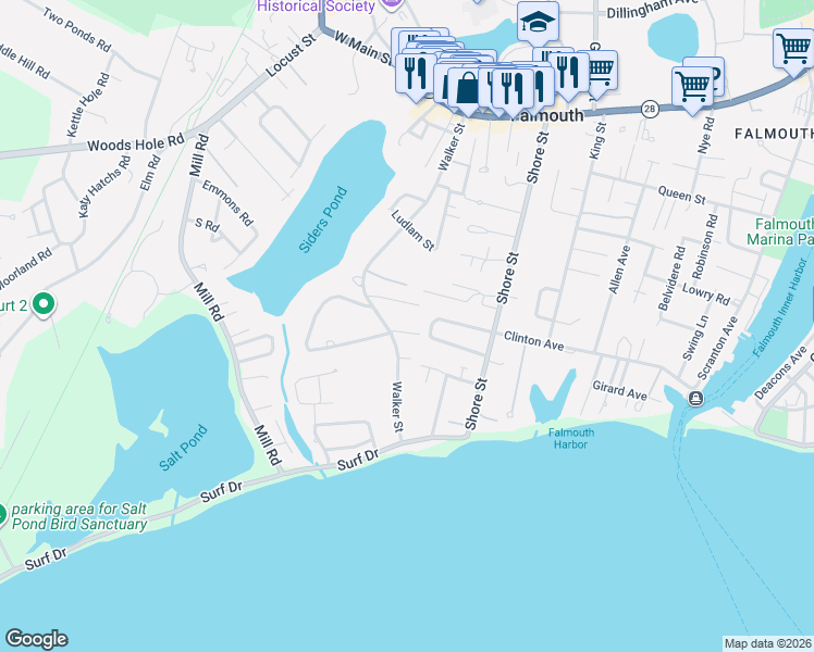 map of restaurants, bars, coffee shops, grocery stores, and more near 18 Clearview Avenue in Falmouth
