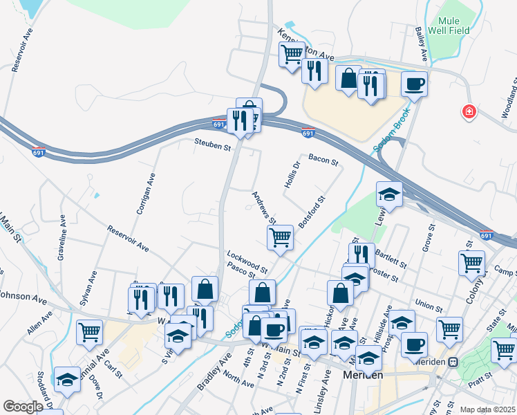 map of restaurants, bars, coffee shops, grocery stores, and more near 14 Lourdes Court in Meriden