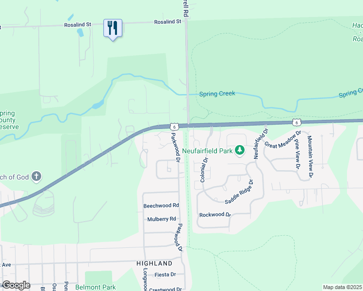map of restaurants, bars, coffee shops, grocery stores, and more near 1106 Parkwood Drive in Joliet