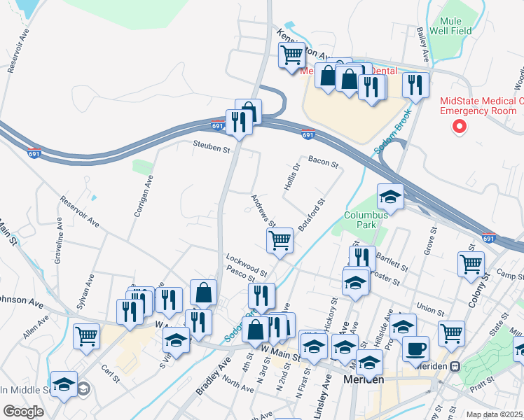 map of restaurants, bars, coffee shops, grocery stores, and more near 127 Andrews Street in Meriden