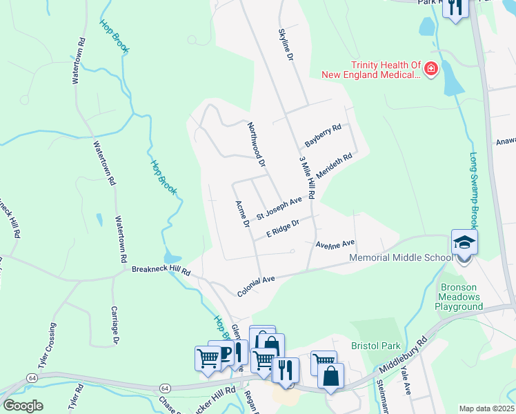 map of restaurants, bars, coffee shops, grocery stores, and more near 15 Southview Avenue in Middlebury