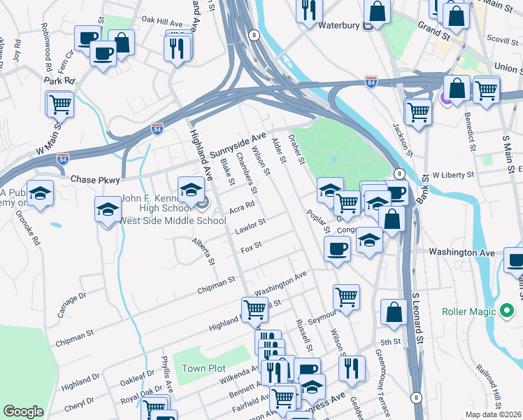 map of restaurants, bars, coffee shops, grocery stores, and more near 33 Lawlor Street in Waterbury