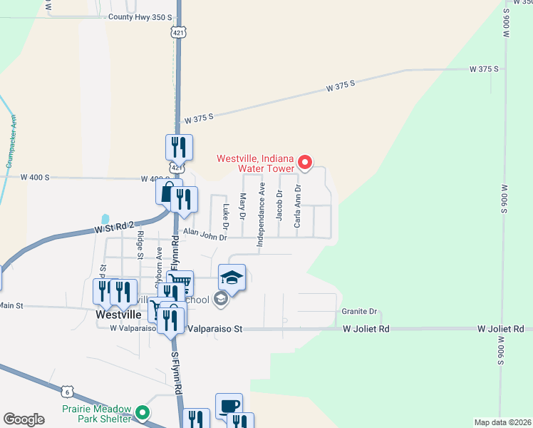 map of restaurants, bars, coffee shops, grocery stores, and more near 606 Independence Avenue in Westville