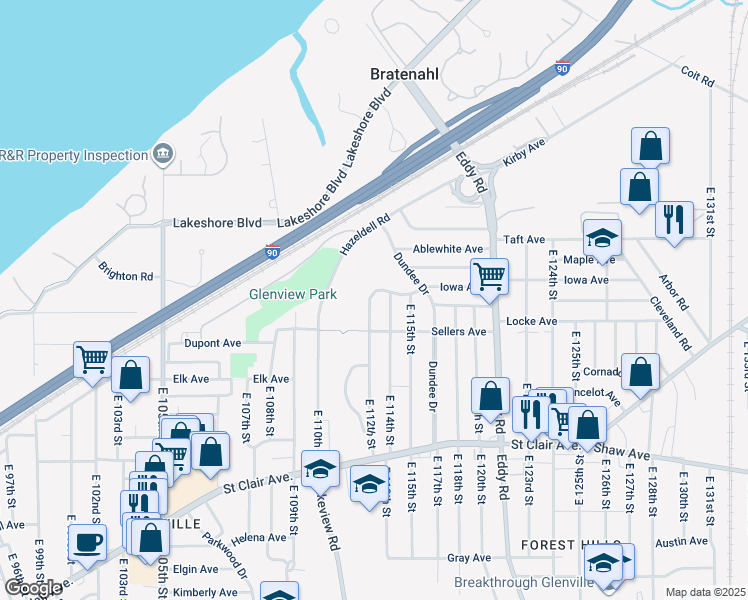 map of restaurants, bars, coffee shops, grocery stores, and more near 419 East 112th Street in Cleveland