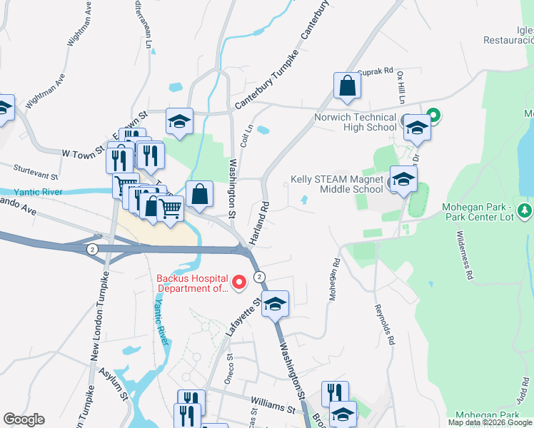 map of restaurants, bars, coffee shops, grocery stores, and more near 23 Harland Road in Norwich
