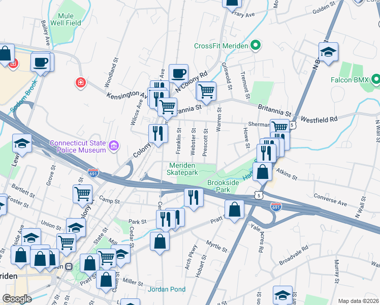 map of restaurants, bars, coffee shops, grocery stores, and more near 22 Webster Street in Meriden