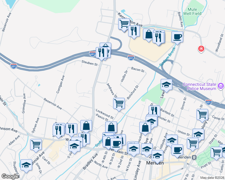 map of restaurants, bars, coffee shops, grocery stores, and more near 133 Andrews Street in Meriden
