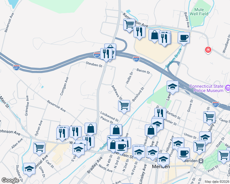 map of restaurants, bars, coffee shops, grocery stores, and more near 8 Lourdes Court in Meriden