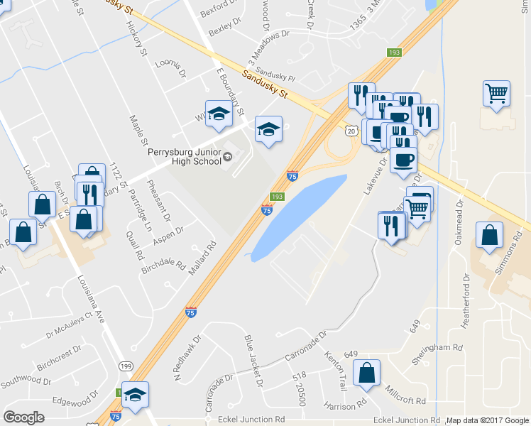 map of restaurants, bars, coffee shops, grocery stores, and more near Interstate 75 in Perrysburg
