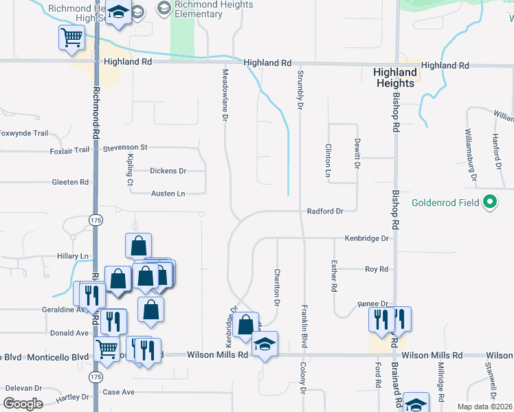 map of restaurants, bars, coffee shops, grocery stores, and more near 679 Radford Drive in Highland Heights