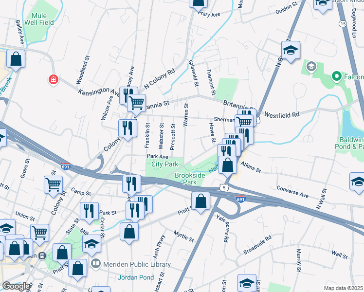 map of restaurants, bars, coffee shops, grocery stores, and more near 116 Park Avenue in Meriden