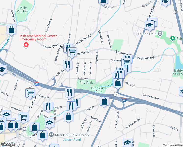 map of restaurants, bars, coffee shops, grocery stores, and more near 116 Park Avenue in Meriden