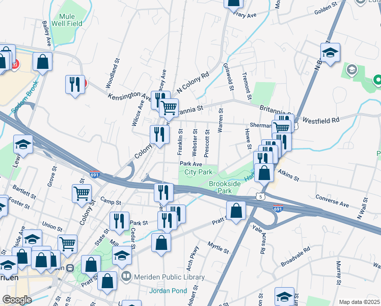 map of restaurants, bars, coffee shops, grocery stores, and more near 34 Park Avenue in Meriden