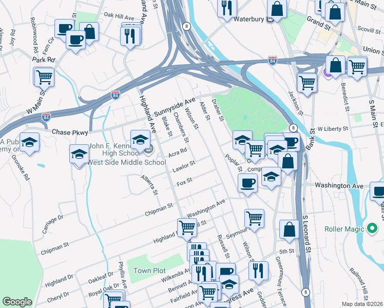 map of restaurants, bars, coffee shops, grocery stores, and more near 33 Lawlor Street in Waterbury