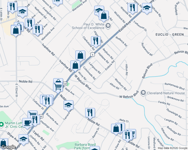 map of restaurants, bars, coffee shops, grocery stores, and more near 1886 Colonnade Road in Cleveland