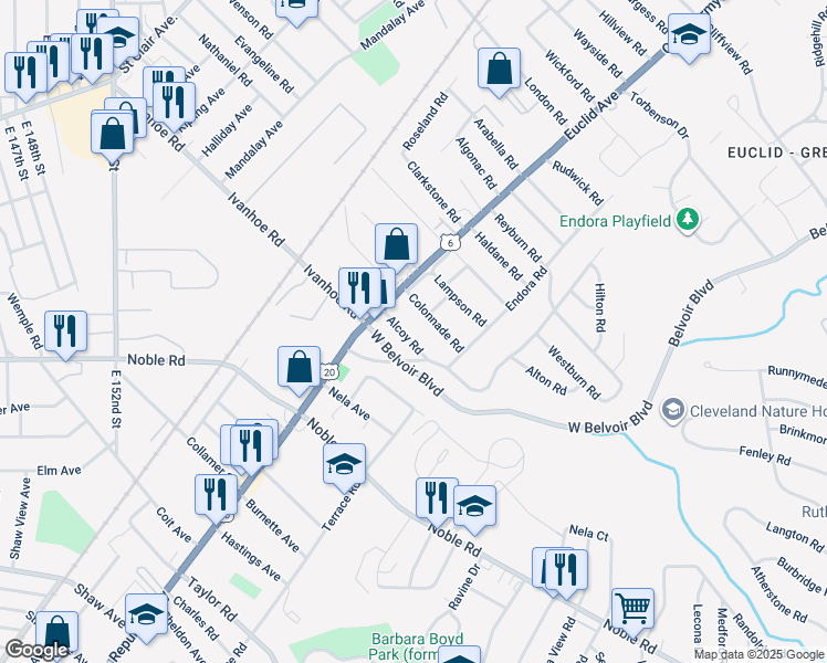 map of restaurants, bars, coffee shops, grocery stores, and more near 1850 Alcoy Road in Cleveland