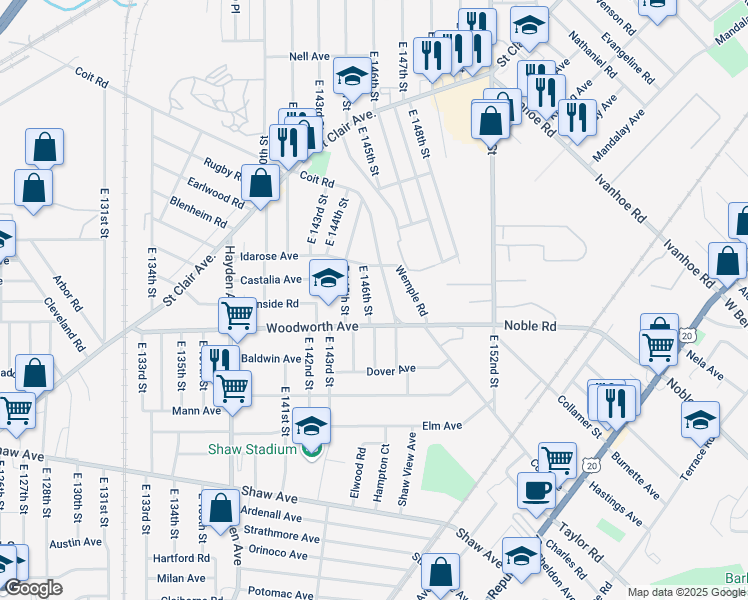 map of restaurants, bars, coffee shops, grocery stores, and more near 14601 Woodworth Avenue in Cleveland