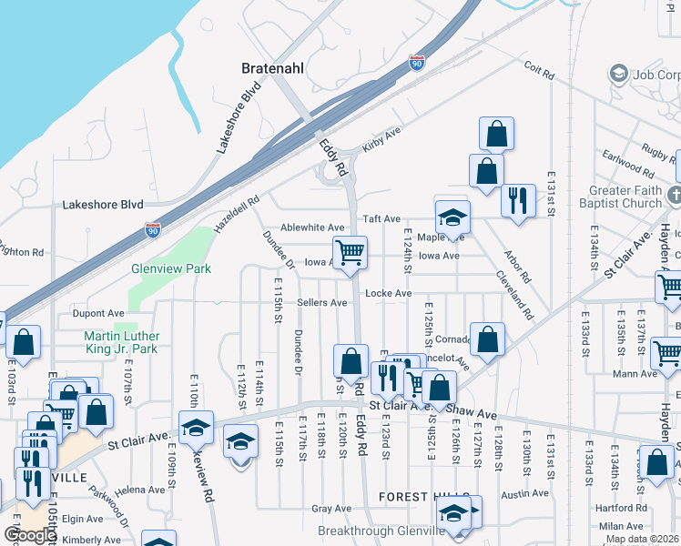 map of restaurants, bars, coffee shops, grocery stores, and more near 430 Eddy Road in Cleveland