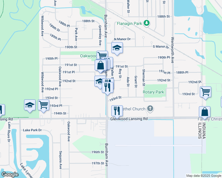 map of restaurants, bars, coffee shops, grocery stores, and more near 19269 Burnham Avenue in Lansing