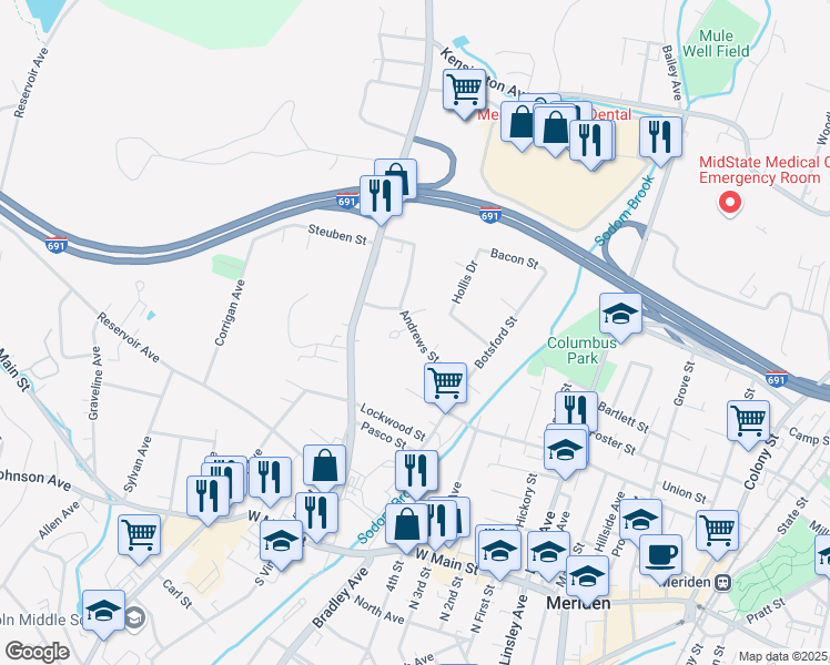 map of restaurants, bars, coffee shops, grocery stores, and more near 158 Andrews Street in Meriden