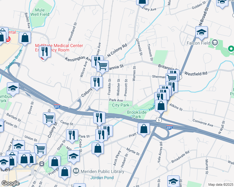 map of restaurants, bars, coffee shops, grocery stores, and more near 22 Webster Street in Meriden