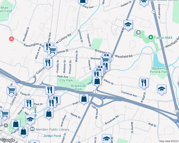 map of restaurants, bars, coffee shops, grocery stores, and more near 170 Bunker Avenue in Meriden