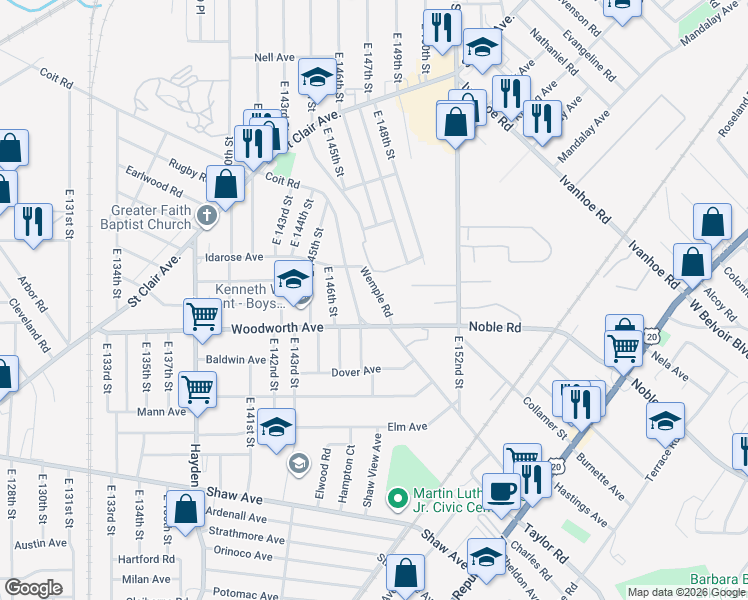 map of restaurants, bars, coffee shops, grocery stores, and more near 14767 Coit Road in Cleveland