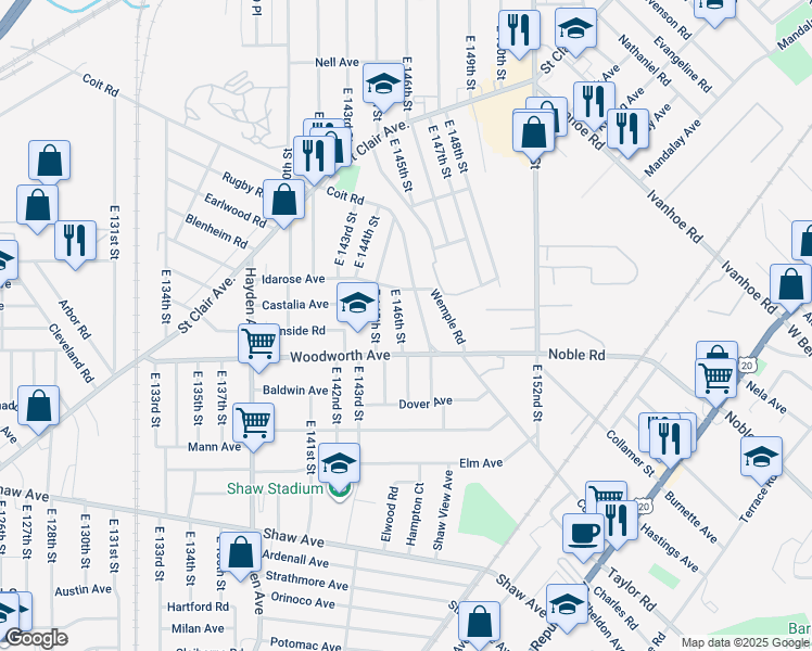 map of restaurants, bars, coffee shops, grocery stores, and more near 14601 Woodworth Avenue in Cleveland