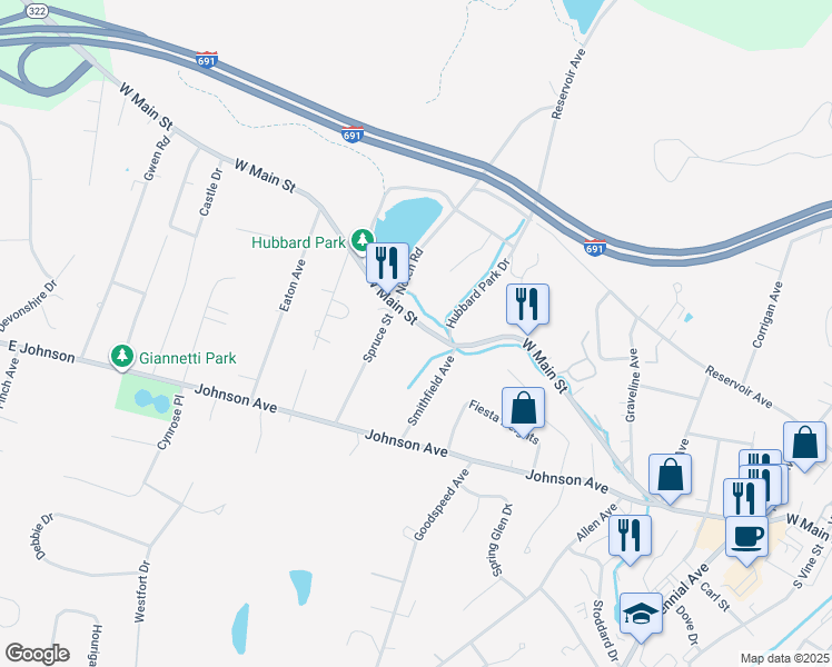 map of restaurants, bars, coffee shops, grocery stores, and more near 950 West Main Street in Meriden