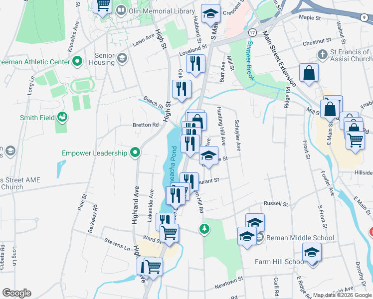 map of restaurants, bars, coffee shops, grocery stores, and more near 375 South Main Street in Middletown