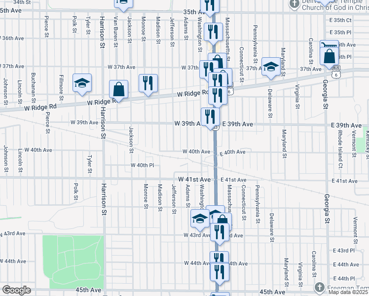 map of restaurants, bars, coffee shops, grocery stores, and more near 4010 Adams Street in Gary