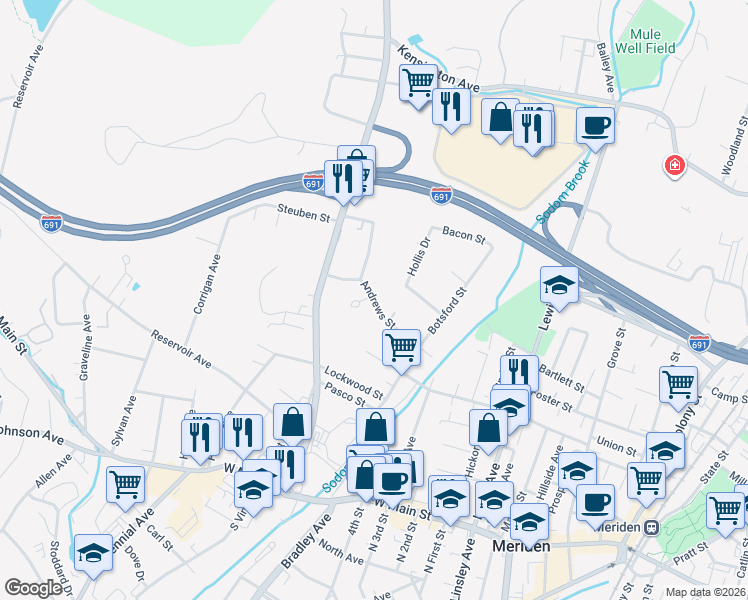 map of restaurants, bars, coffee shops, grocery stores, and more near 135 Andrews Street in Meriden