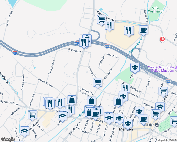 map of restaurants, bars, coffee shops, grocery stores, and more near 27 Lourdes Court in Meriden