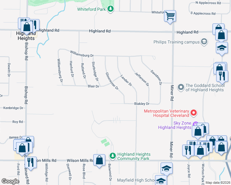 map of restaurants, bars, coffee shops, grocery stores, and more near 5911 Blakley Drive in Highland Heights