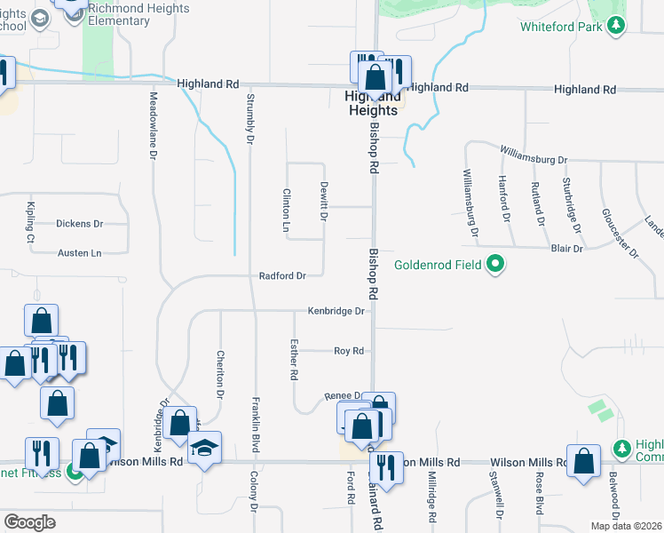 map of restaurants, bars, coffee shops, grocery stores, and more near 635 Dewitt Drive in Highland Heights