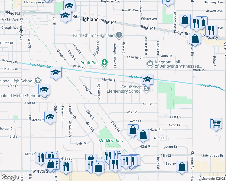 map of restaurants, bars, coffee shops, grocery stores, and more near 9228 Cottage Grove Place in Highland