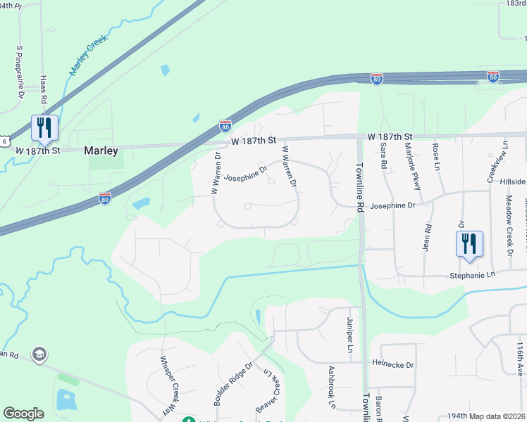 map of restaurants, bars, coffee shops, grocery stores, and more near 12300 Warren Drive in Mokena