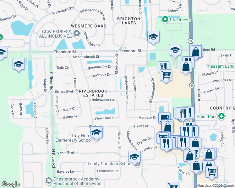 map of restaurants, bars, coffee shops, grocery stores, and more near 5209 Lindenwood Circle in Plainfield