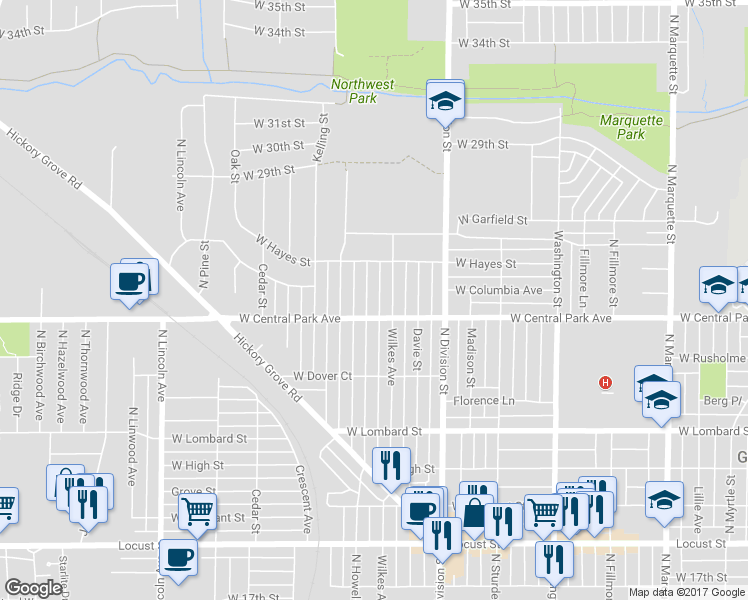map of restaurants, bars, coffee shops, grocery stores, and more near 2604 North Howell Street in Davenport