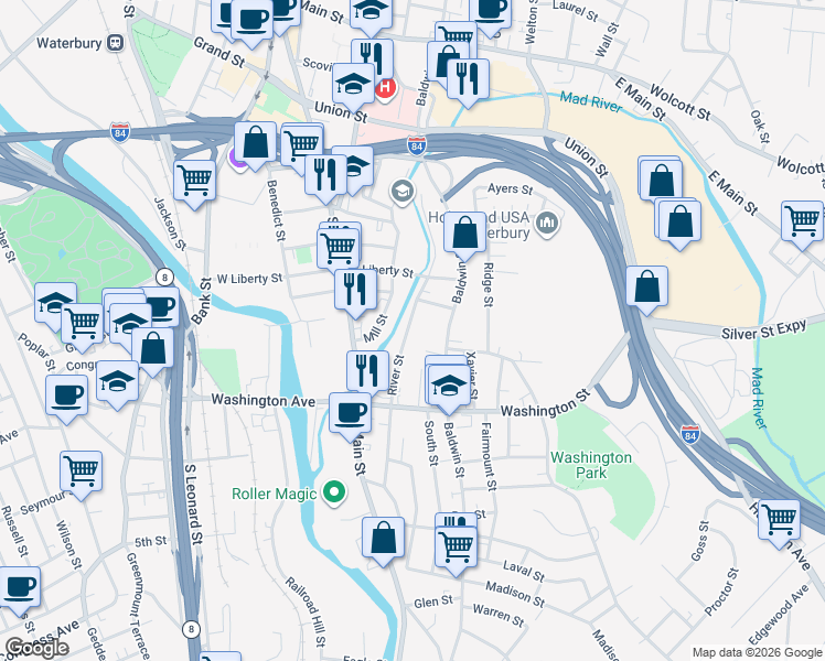 map of restaurants, bars, coffee shops, grocery stores, and more near 249 River Street in Waterbury