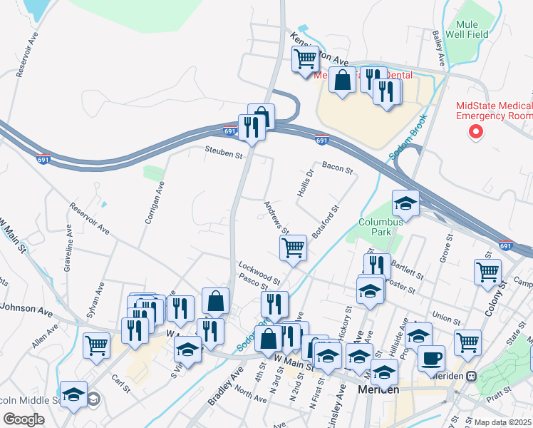 map of restaurants, bars, coffee shops, grocery stores, and more near 30 Lourdes Court in Meriden