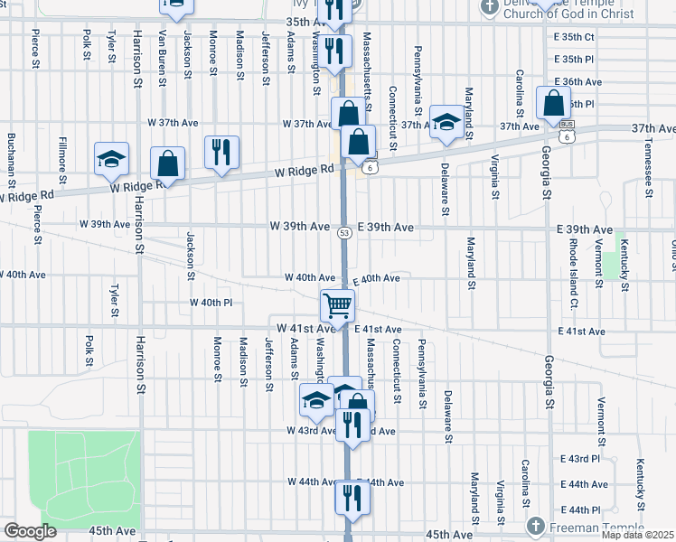 map of restaurants, bars, coffee shops, grocery stores, and more near 4001 Broadway in Gary