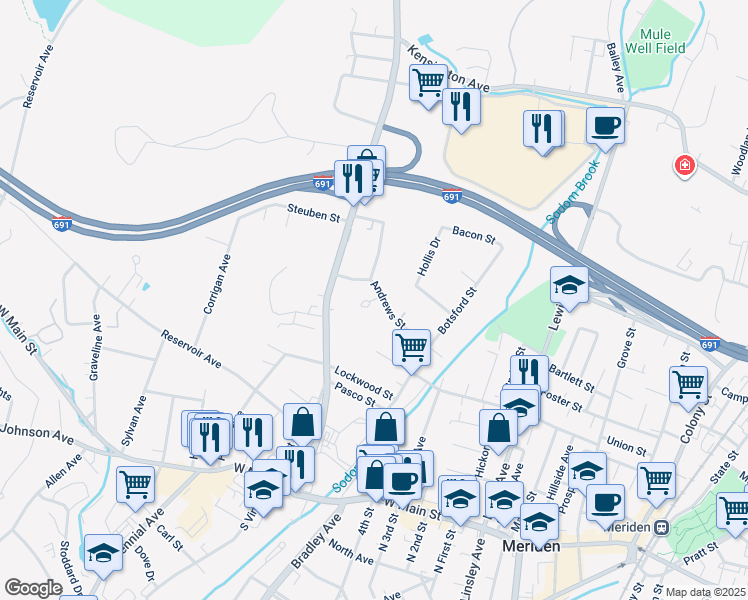 map of restaurants, bars, coffee shops, grocery stores, and more near 28 Lourdes Court in Meriden