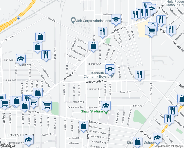 map of restaurants, bars, coffee shops, grocery stores, and more near 13903 Glenside Road in Cleveland